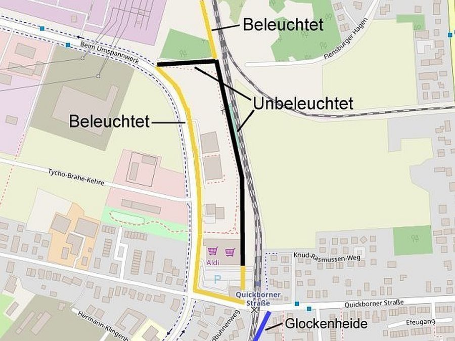 Plan beleuchteter und unbeleuchter Radwege Nähe AKN Quickborner Straße